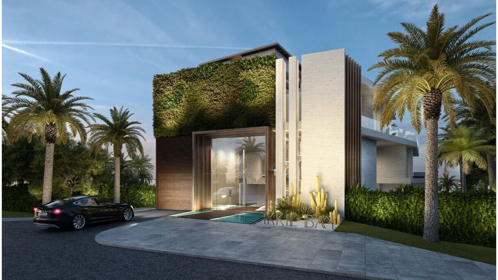 Ikkil Bay: moderne architectuur met verticale tuin en luxe auto.