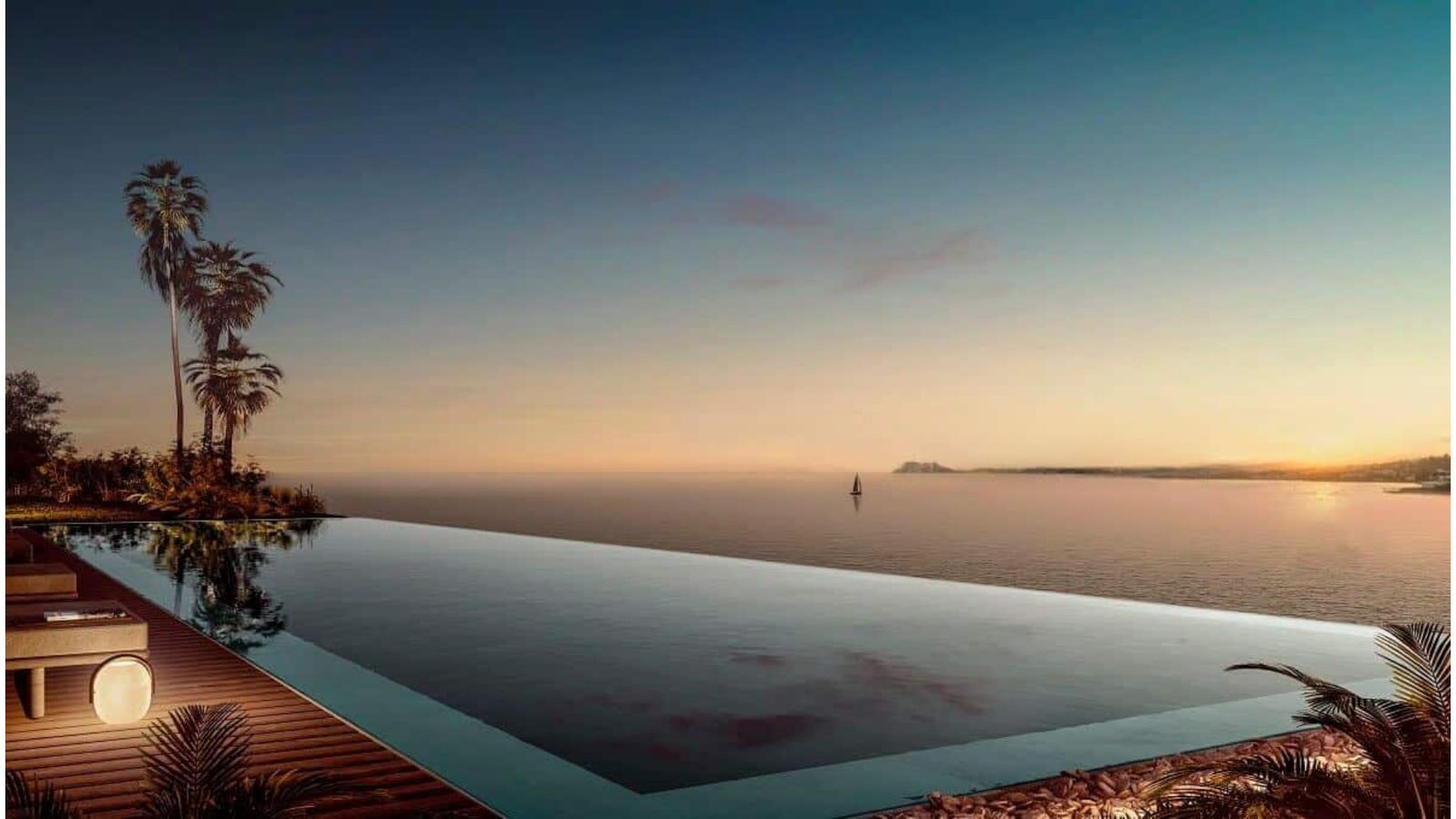 Ikkil Bay: Piscine à débordement surplombant la mer au coucher du soleil.