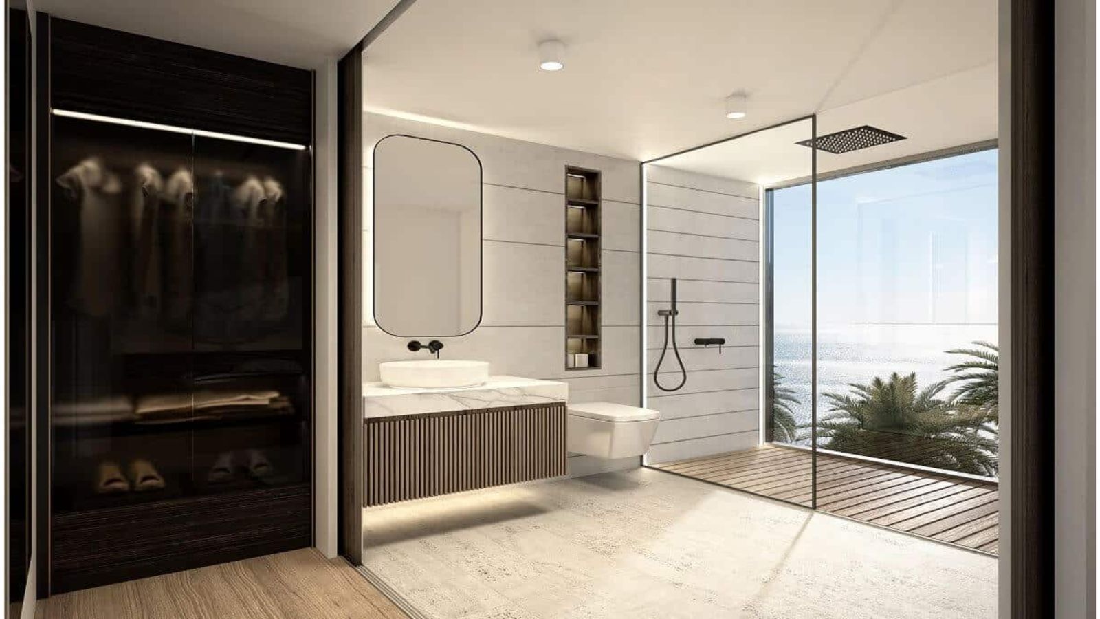 Salle de bain moderne avec vue sur l'océan et dressing